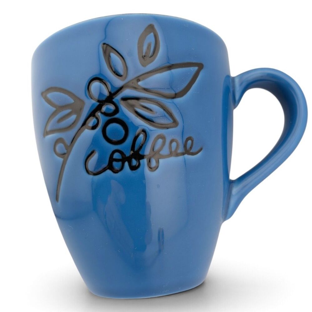 2007 Starbucks Coffee Mug Blue Black 12 Oz Coffee Branch Leaves Ceramic
